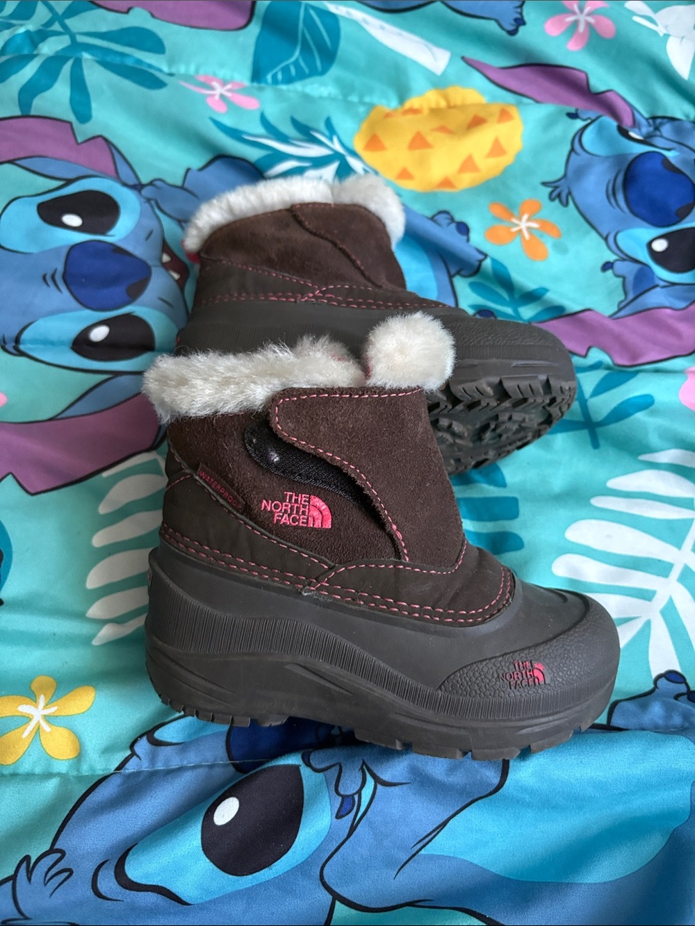 The North Face Brown Kids Winter Boots with Pink Accents